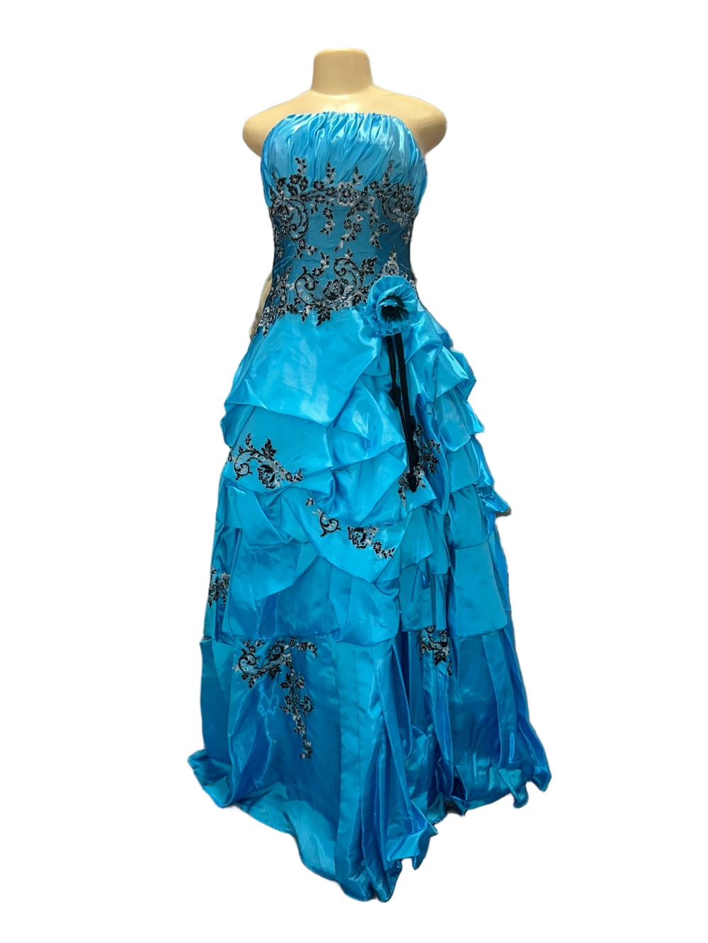 NWT Strapless Aqua Blue Ruffled Prom Dress with Black Embroidery